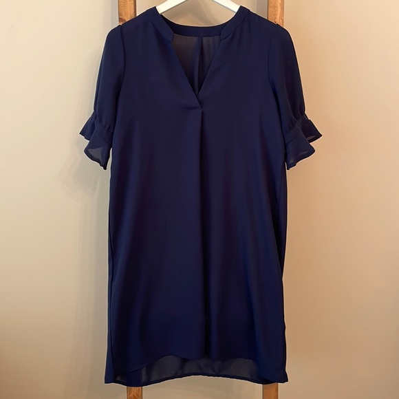 Womens Navy V Neck Short Sleeve Dress Medium M Ruffle Sleeve - Picture 6 of 6